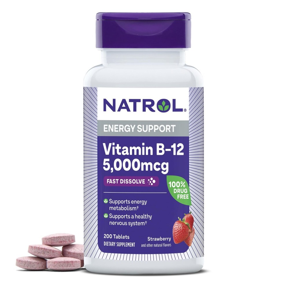 Natrol B12 Vitamins 5000 mcg, Fast Dissolve Vitamin B12 Supplement Supports a Healthy Nervous System and Energy Metabolism, 200 Tablets, Up to a 200 Day Supply