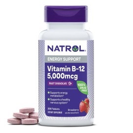Natrol B12 Vitamins 5000 mcg, Fast Dissolve Vitamin B12 Supplement Supports a Healthy Nervous System and Energy Metabolism, 200 Tablets, Up to a 200 Day Supply