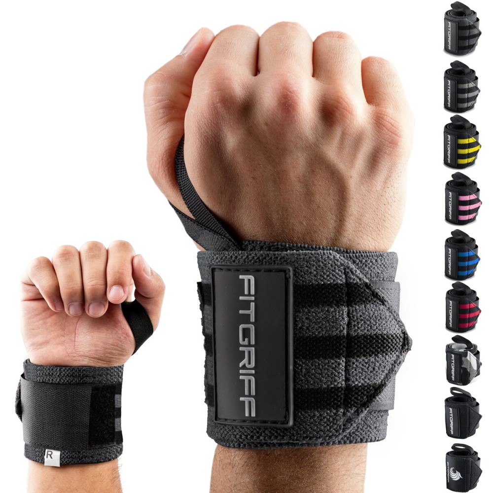 Fitgriff Wrist Wraps for Weightlifting (18) Heavy-Duty Support for Gym, Bench Press, and Pushups (1 Pair) - for Men and Women (Grey/Black)