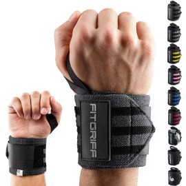 Fitgriff Wrist Wraps for Weightlifting (18) Heavy-Duty Support for Gym, Bench Press, and Pushups (1 Pair) - for Men and Women (Grey/Black)
