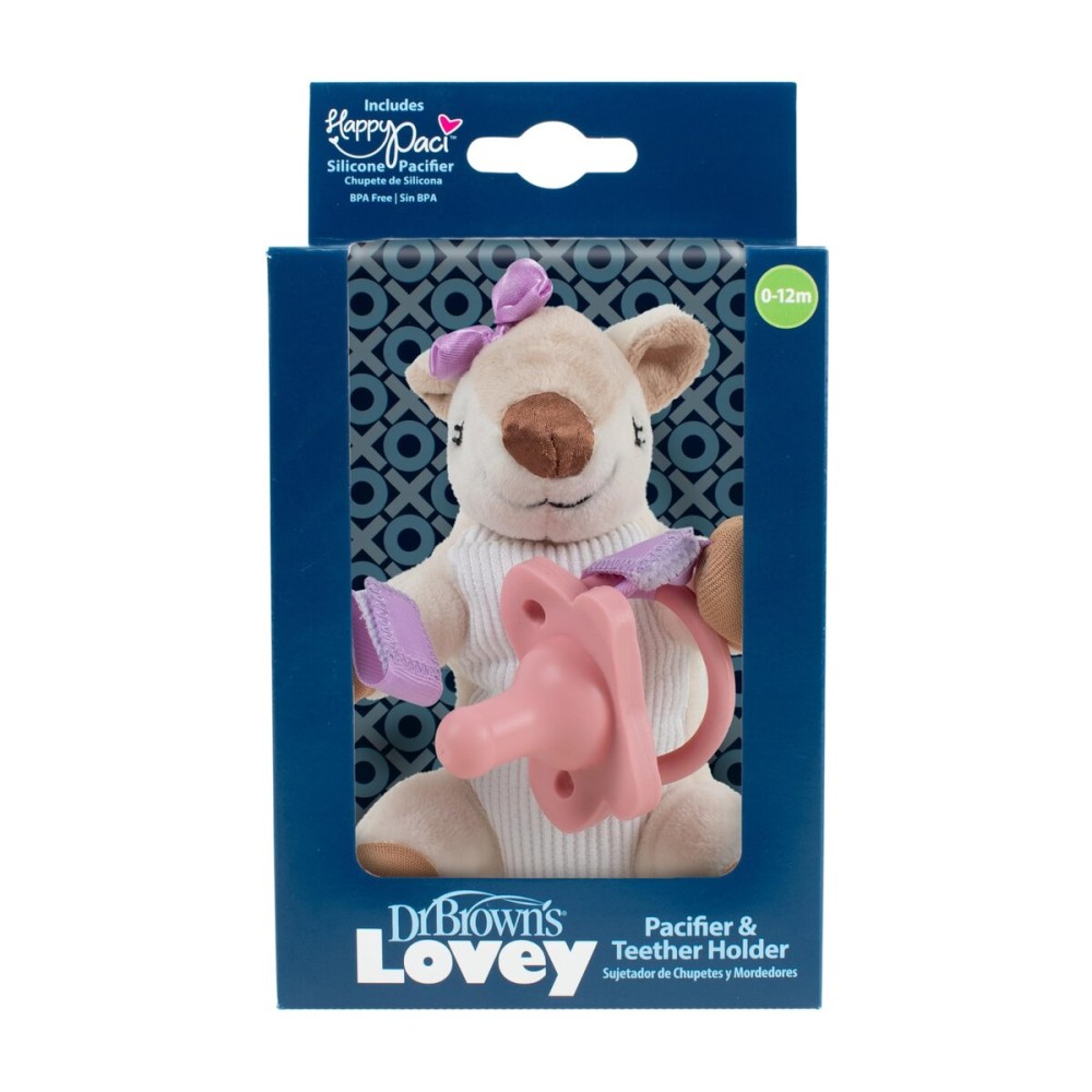 Dr. Brown\'s Baby Lovey Pacifier and Teether Holder, Deer with Pink HappyPaci, 100% Silicone, 0-6m (Packaging May Vary)