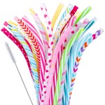 JANYUN 30 Pieces Reusable Plastic Straws BPA-Free 9 Colorful Printing Hard Platic Stripe Drinking Straw for Mason Jar Tumbler Family or Party Use Cleaning Brush Included(Random Pattern) (Bent)