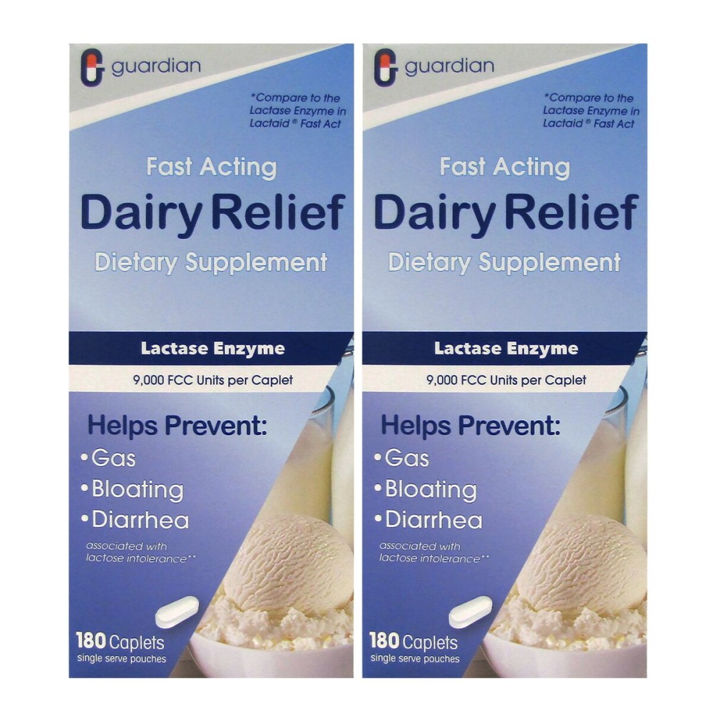 guardian Dairy Relief Fast Acting Lactase, 360 Caplets, 9000 FCC Maximum Strength, Lactose Intolerance Pills, Lactase Enzyme Supplement (360 CT)