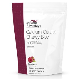 Bariatric Advantage Calcium Citrate Chewy Bites 500 mg - Highly Absorbable & Digestible - Vitamin D3 - Easily Chewable Calcium Supplement - Raspberry Flavor - 90 Count