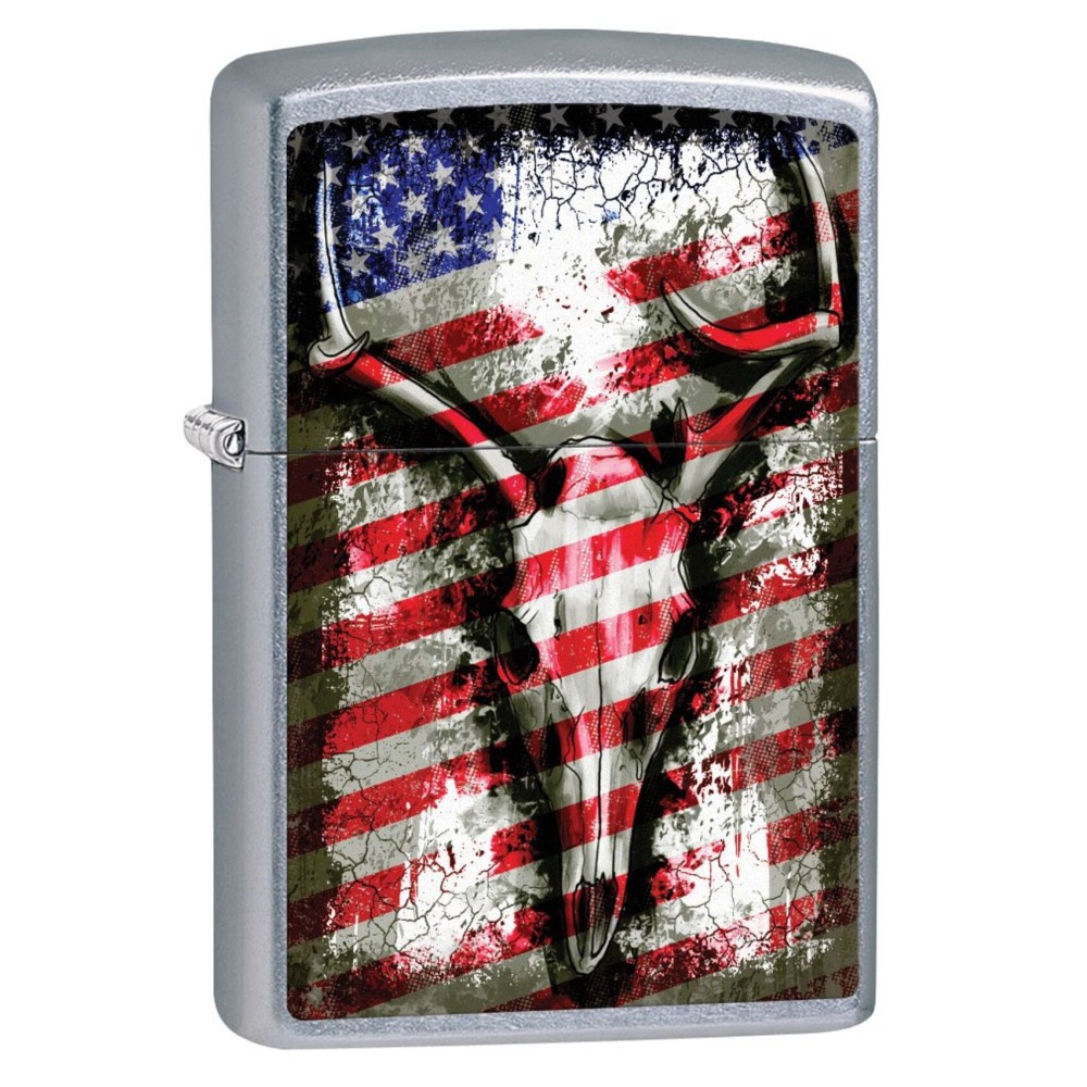 Zippo Lighter: Deer Skull and American Flag - Street Chrome 79572