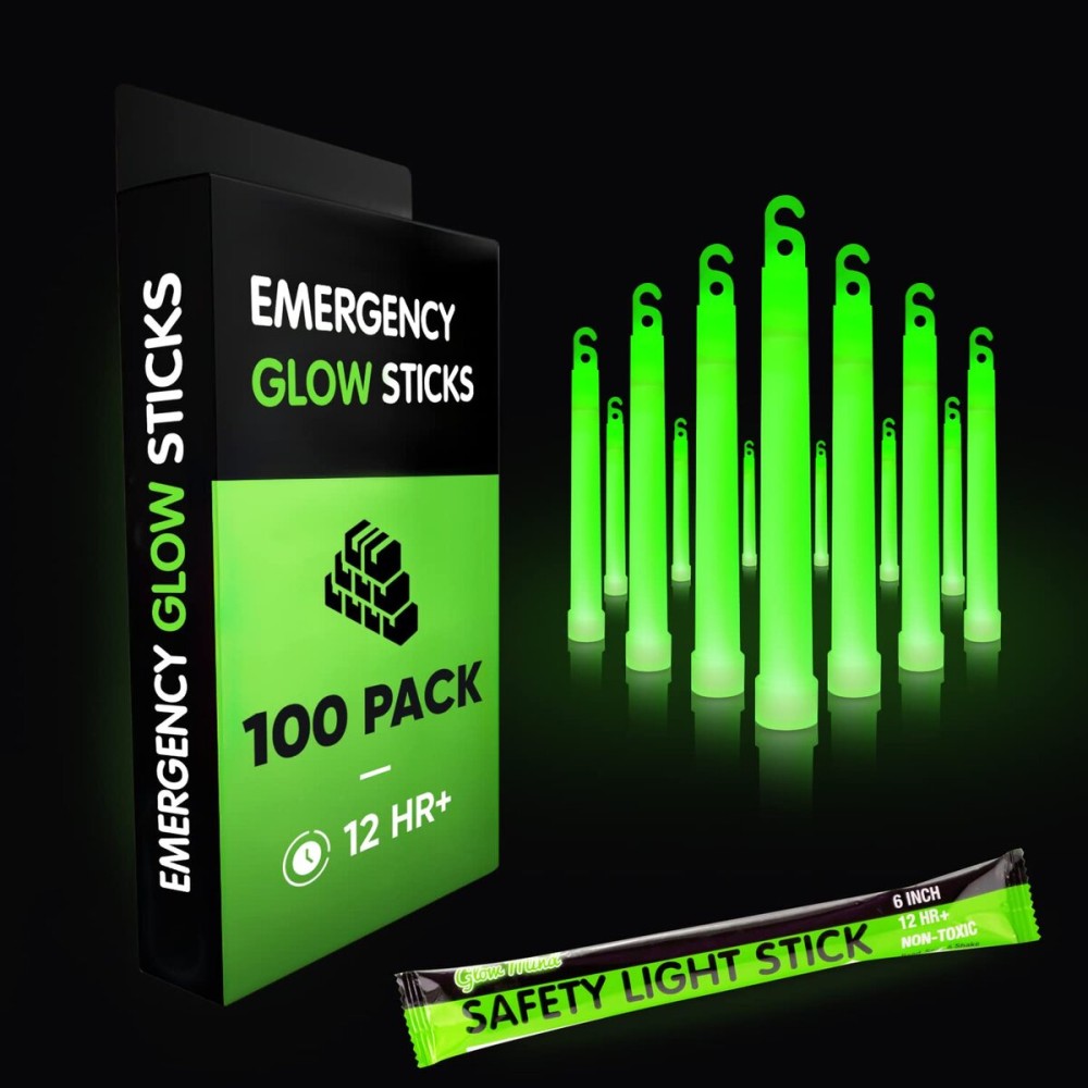100 Ultra Bright Emergency Glow Sticks - Individually Wrapped Long Lasting Industrial Grade Glowsticks for Survival Gear, Camping Lights, Power Outages and Military Use (Green)