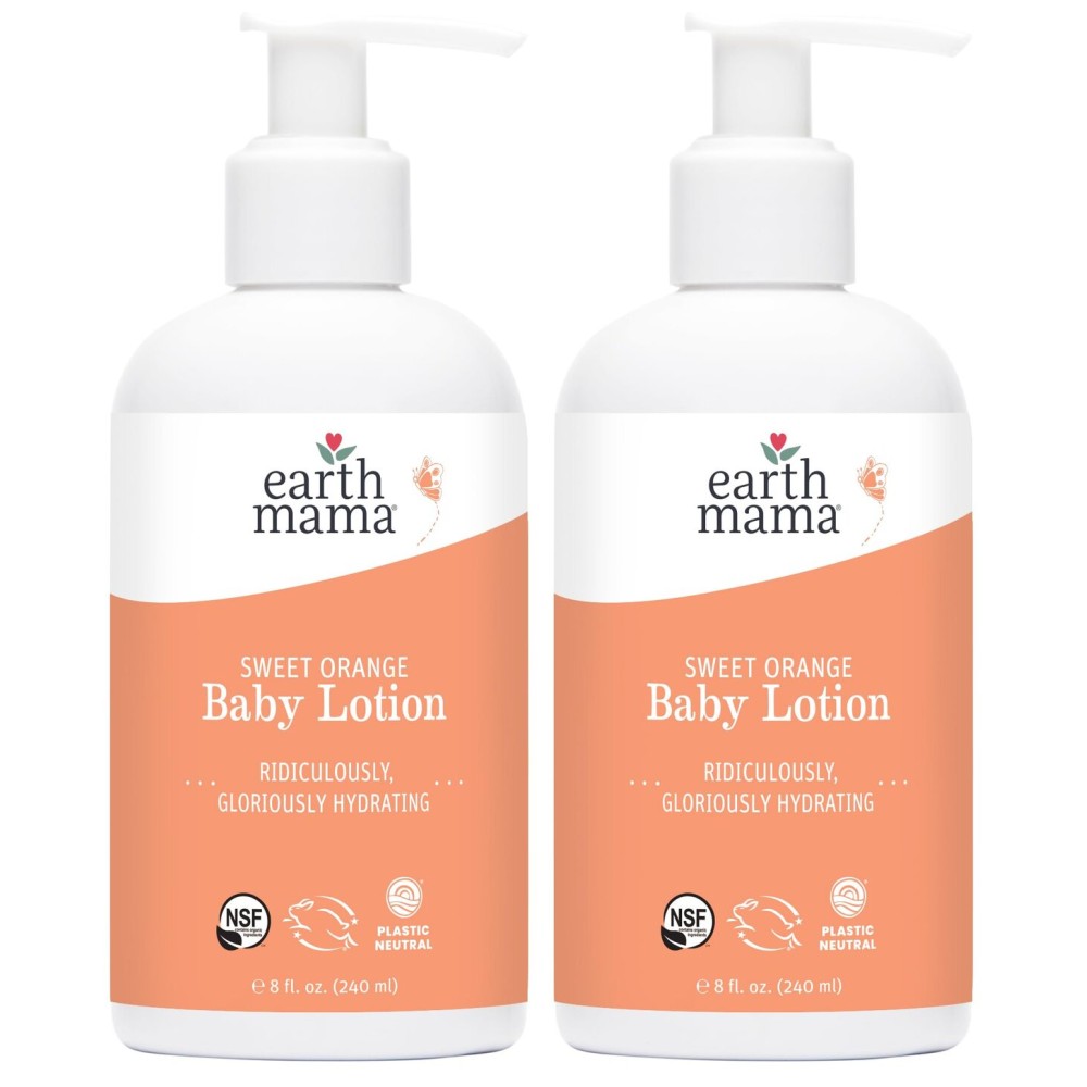 Earth Mama Sweet Orange Baby Lotion | Moisturizing Body Lotion for Dry Skin, Newborn Baby Lotion Sensitive Skin Care, Face Lotion for Babies & Kids with Shea Butter, Calendula & Aloe, 8 Fl Oz (2-Pack)