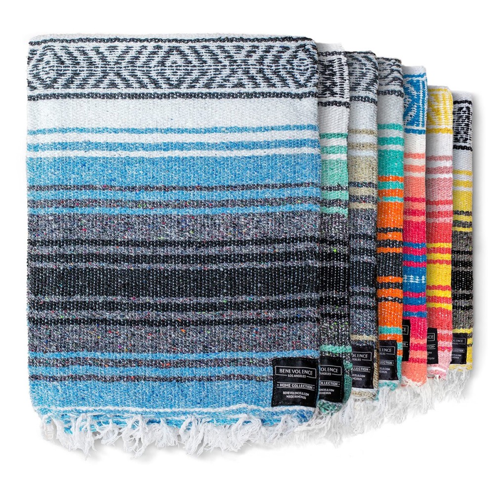 Benevolence LA Authentic Handwoven Mexican Blanket | Yoga Blankets, Outdoor, Picnic, Beach, Camping | Equestrian Saddle | Serape 50x70 inches - Sky Blue, Pack of 1