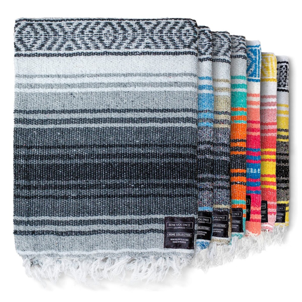 Benevolence LA Authentic Handwoven Mexican Blanket | Yoga Blankets, Outdoor, Picnic, Beach, Camping | Equestrian Saddle | Serape 50x70 inches - Gray, Pack of 1