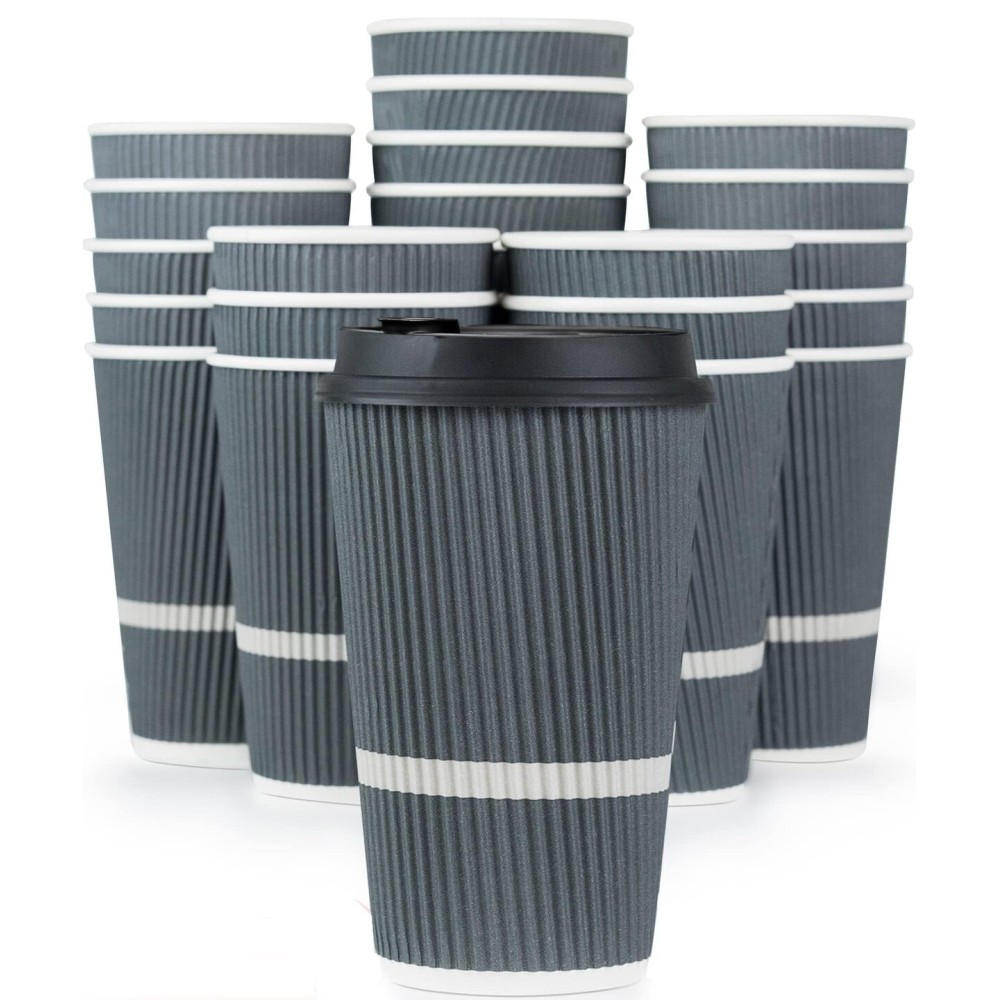 Glowcoast Disposable Coffee Cups With Lids - 16 oz To Go Coffee Cup (70 Pack). Large Travel Cups Hold Shape With Hot and Cold Drinks, No Leaks! Insulated Ripple Cups Protect Hands, No Sleeves needed!