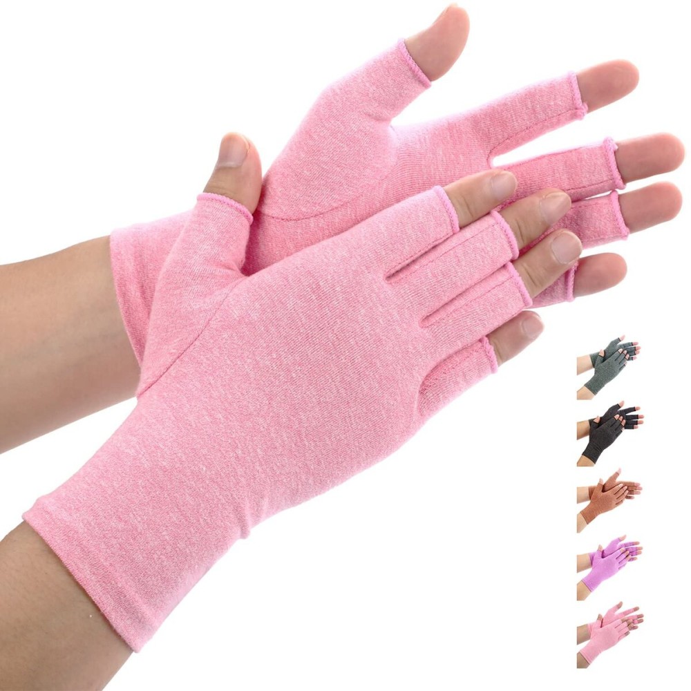 Duerer Arthritis Compression Gloves Women Men for RSI, Carpal Tunnel, Rheumatiod, Tendonitis, Fingerless Gloves for Computer Typing and Dailywork (Pink, L)