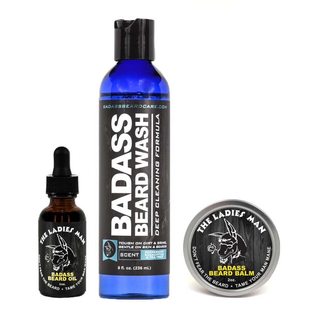 Badass Beard Care Badass Wash, Beard Oil, and Beard Balm Combo for Men - Natural Ingredients, Keeps Beard and Mustache Full, Soft and Healthy