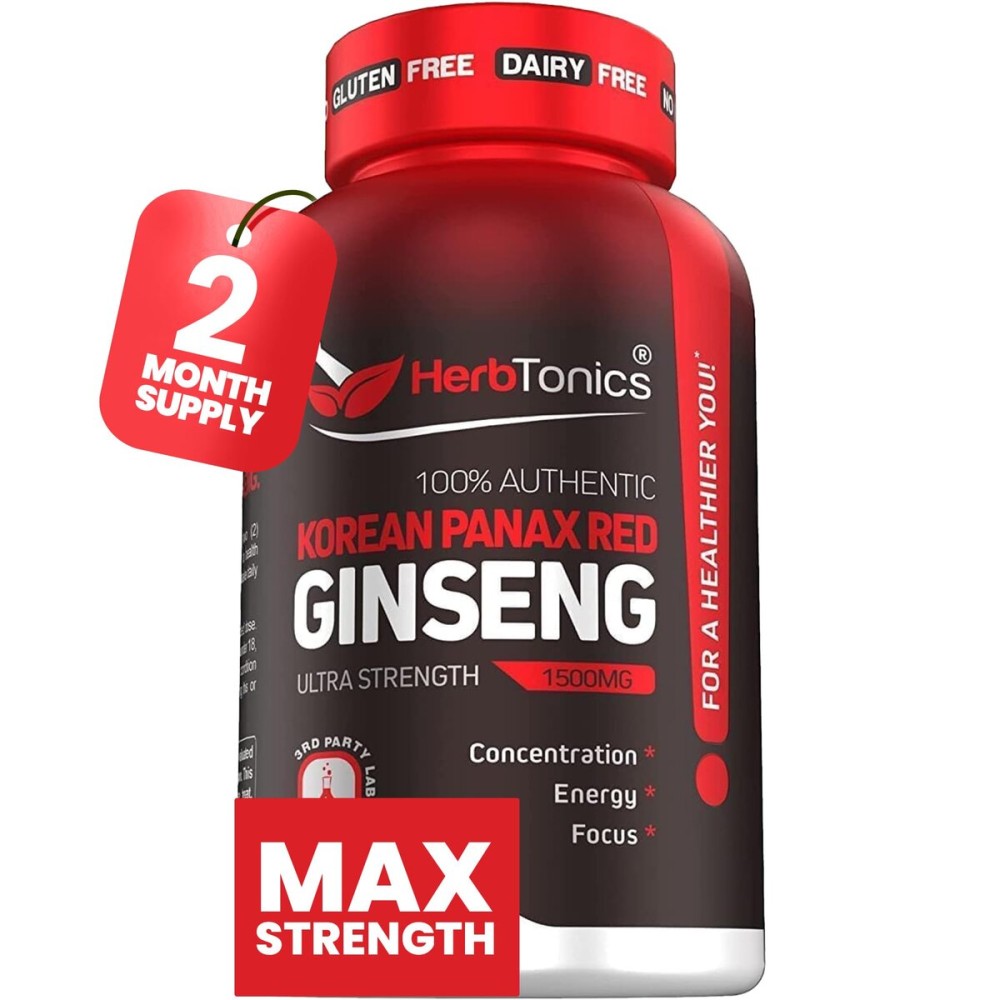 Herbtonics Korean Red Panax Ginseng 1500mg - Energy Supplement for Peak Performance, Focus & Vitality - High Potency Ginseng Root Extract - 120 Vegan Capsules
