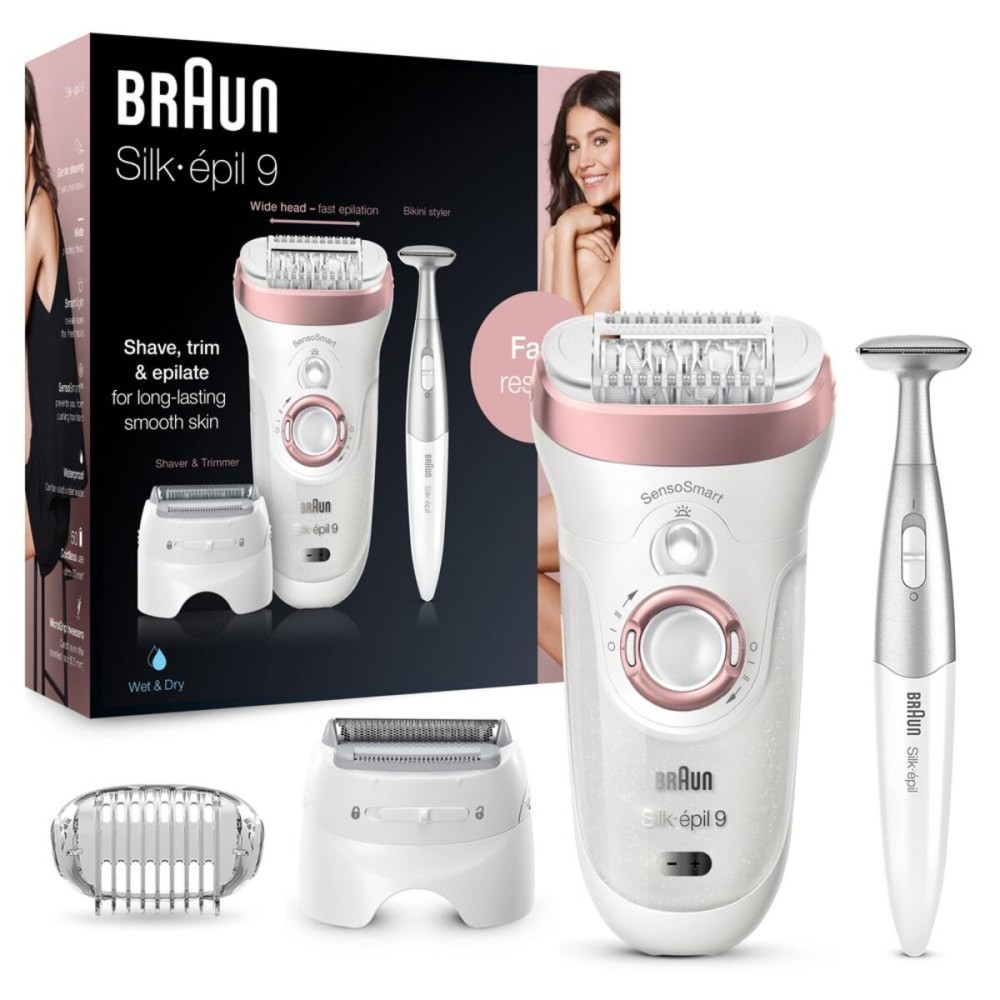 Braun Silk-pil 9 9/890 SensoSmart Epilator, Waterproof, Wet & Dry Epilator, Cordless, with Shaver Head and Bikini Styler, Epilate, Shave, or Trim, Long-Lasting Results