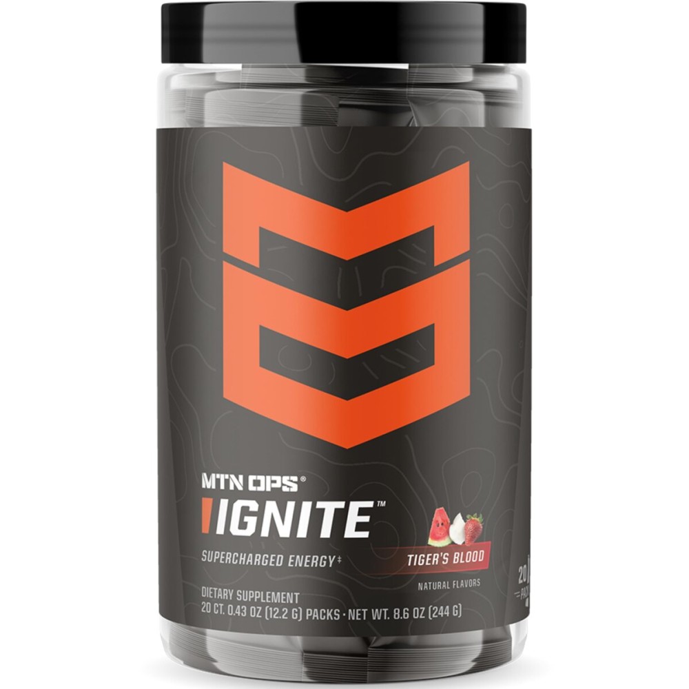 MTN OPS Ignite Trail Packs Energy Drink Powder, Gluten Free Nootropic Supplement Drink Mix, L Arginine, L Citrulline, Caffeine & Nootropic Sugar Free Drink Mix, 20 Servings, Tiger\'s Blood