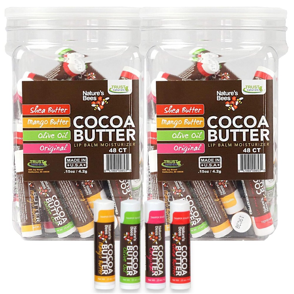 Nature\'s Bees Cocoa Butter Lip Balm, Original, Shea Butter, Olive Oil and Mango, Bulk Lip Care Pack for Dry Lips, Made with Coconut Oil, Beeswax, Vitamin E, Aloe, 0.15 oz 4 Flavors, 96 Pack