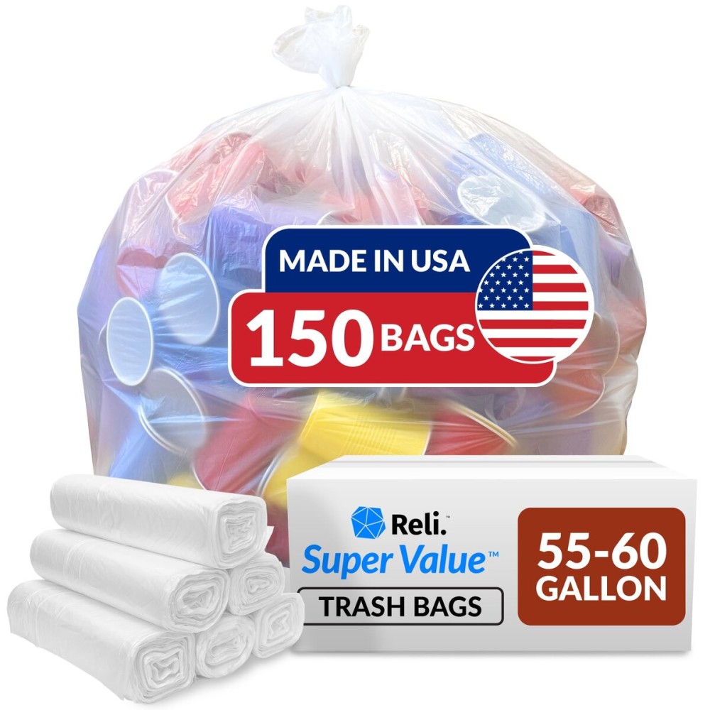 Reli. Easy Grab Trash Bags, 55-60 Gallon (150 Count) (Clear) - Star Seal Super High Density Rolls - Heavy Duty Can Liners, Garbage Bags, Bulk Bags - 50, 55, 60 Gallon Capacity