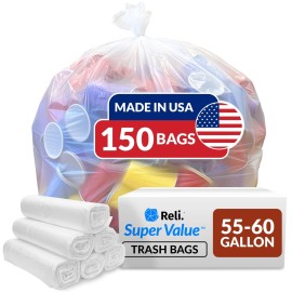 Reli. Easy Grab Trash Bags, 55-60 Gallon (150 Count) (Clear) - Star Seal Super High Density Rolls - Heavy Duty Can Liners, Garbage Bags, Bulk Bags - 50, 55, 60 Gallon Capacity