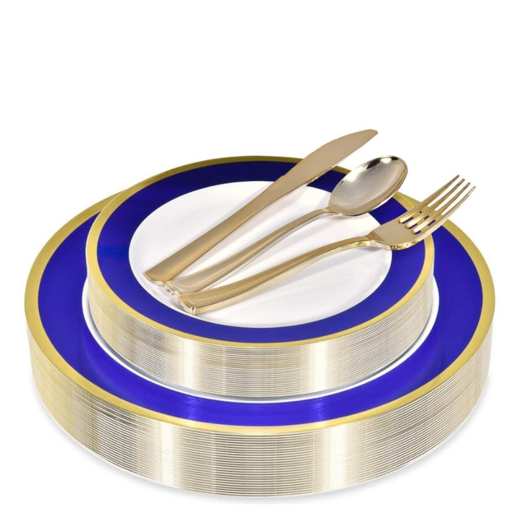 125-Piece White, Blue, and Gold Fancy Plastic Plates Disposable with Silverware, Elegant Dinnerware for Weddings, Holiday Party China, Set of 25 Dinner + Salad Plates, 25 Spoons, 25 Forks, 25 Knives