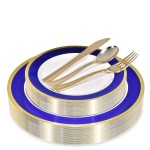 125-Piece White, Blue, and Gold Fancy Plastic Plates Disposable with Silverware, Elegant Dinnerware for Weddings, Holiday Party China, Set of 25 Dinner + Salad Plates, 25 Spoons, 25 Forks, 25 Knives