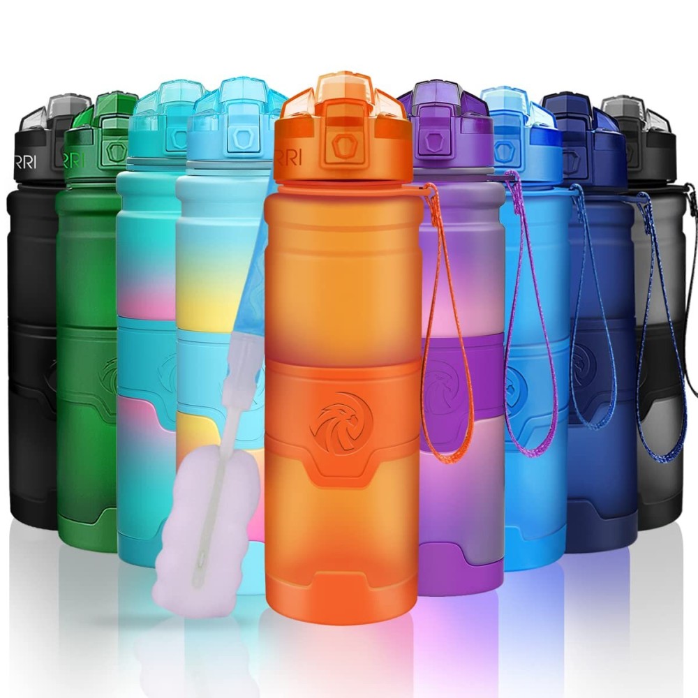 ZORRI Sports Water Bottle, 400/500/700ml/1L, BPA Free Leak Proof Plastic Bottles Outdoors,Camping,Cycling,Fitness,Gym,Yoga- Kids/Adults Drink Bottles Filter,Flip Top,Lockable Lid Open 1 Click