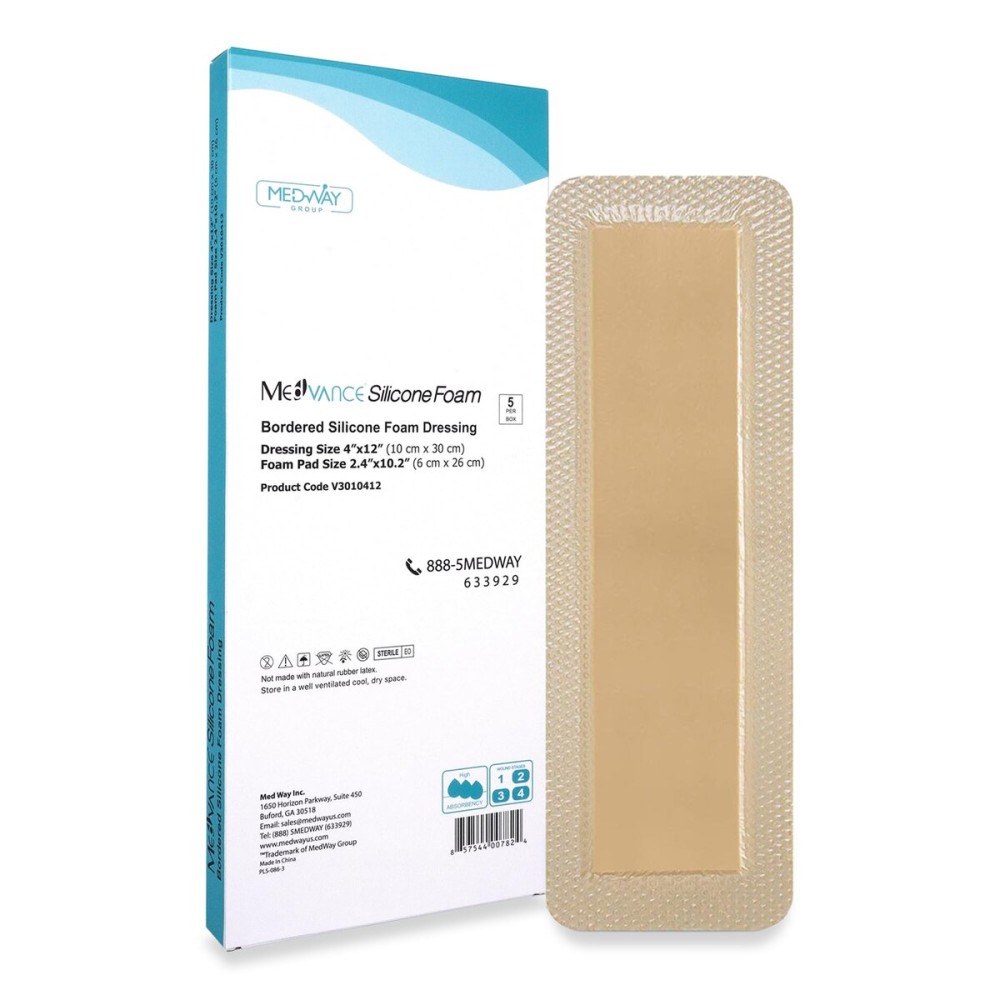 MedVanceTM Silicone - Bordered Silicone Adhesive Foam Dressing Size 4x 12 (2.4x10.4 Pad) Box of 5 dressings