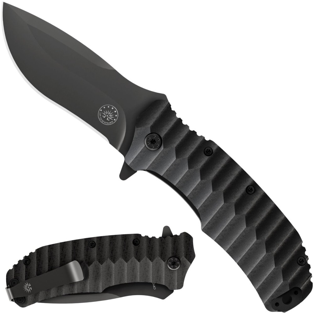 Off-Grid Knives - Rapid Fire Blackout - Large Folding Knife for Camping & EDC, Cryogenic D2 Blade Steel, Titanium Nitride Coating with G10 Scales & Deep Carry Clip