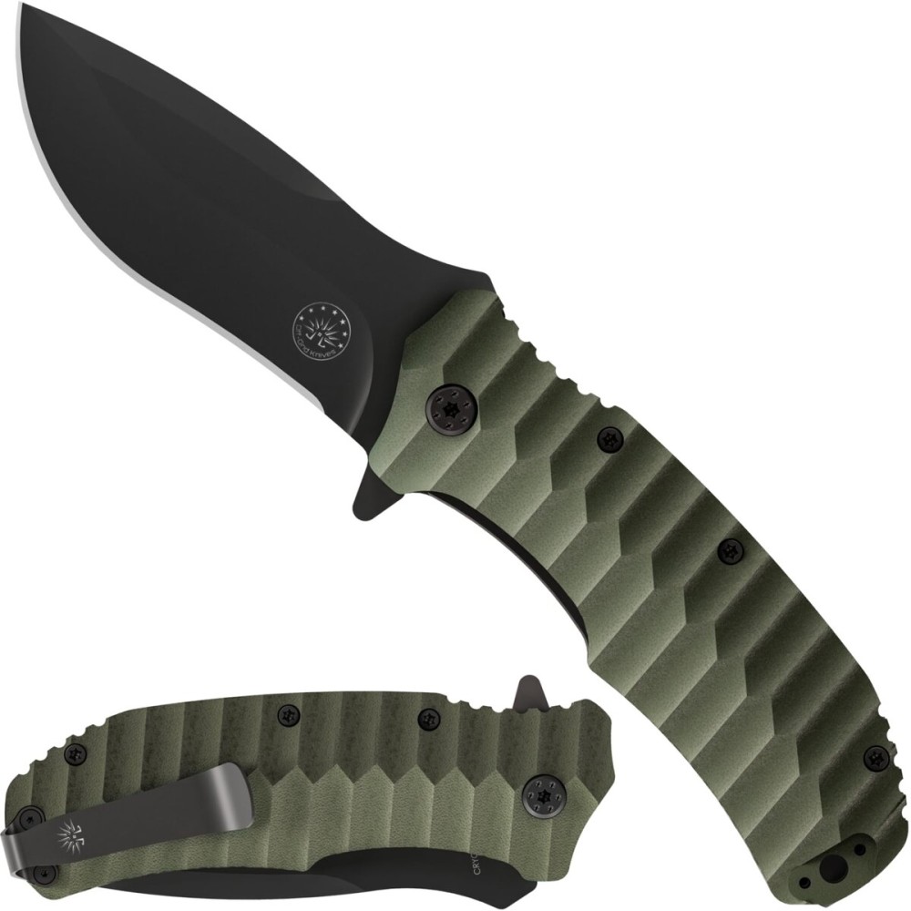 Off-Grid Knives - Rapid Fire Ranger, Camping & Hunting Knife, Cryo D2 Blade Steel with Olive Drab G10 Scales, Deep Clip, Left or Right Carry, Survival, Hiking, Fishing, Boating, Bushcraft