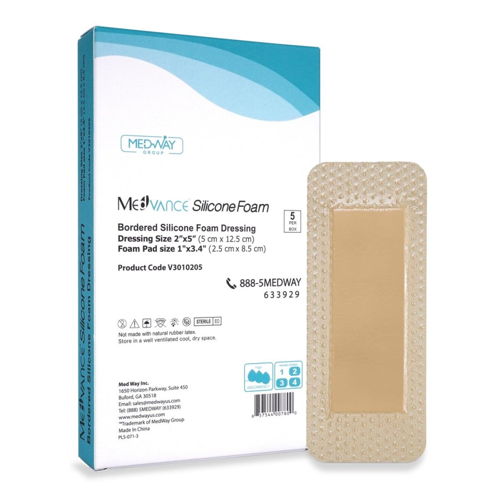 MedVanceTM Silicone - Bordered Silicone Adhesive Foam Dressing, 2x5 (1.2x3.4 pad) Box of 5 dressings