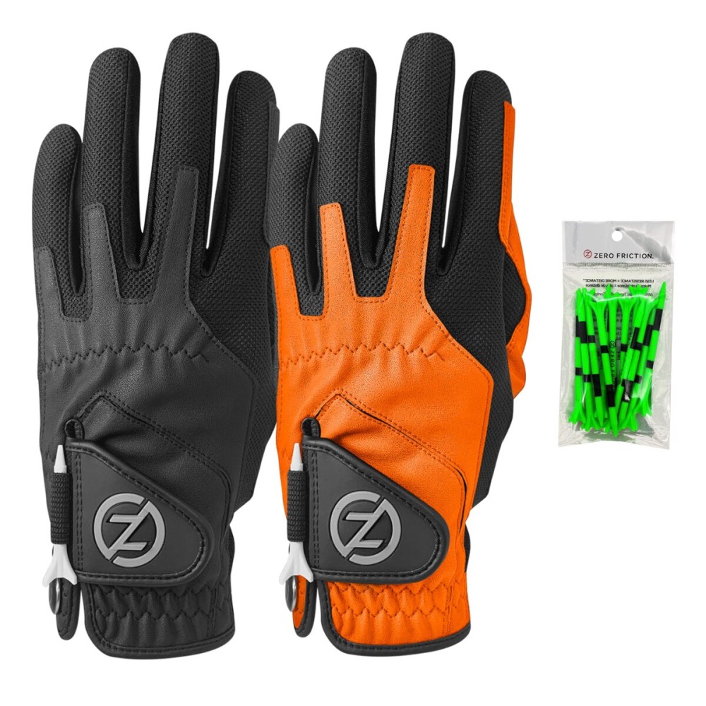 Zero Friction Male Men\'s Compression-Fit Synthetic Golf Glove (2 Pack), Universal Fit Black/Orange, One Size (GL00108)