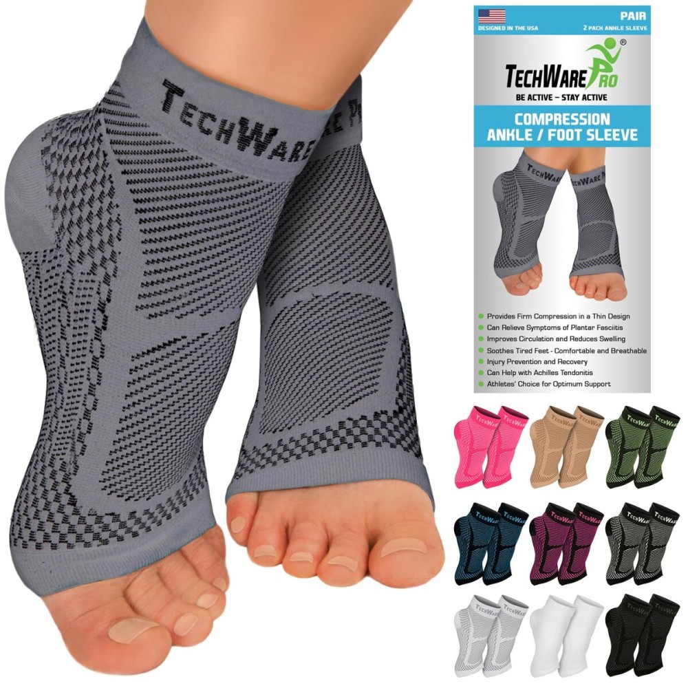 TechWare Pro Ankle Brace Compression Sleeve - Relieves Achilles Tendonitis, Joint Pain. Plantar Fasciitis Foot Sock with Arch Support Reduces Swelling & Heel Spur Pain. (Gray, XXL)