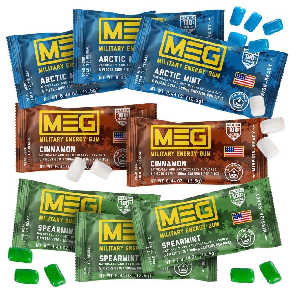 MEG - Military Energy Gum | 100mg of Caffeine Per Piece + Increase Energy + Boost Physical Performance + Multi Flavors of Arctic Mint , Spearmint, & Cinnamon + 8 Packs (40 Count)