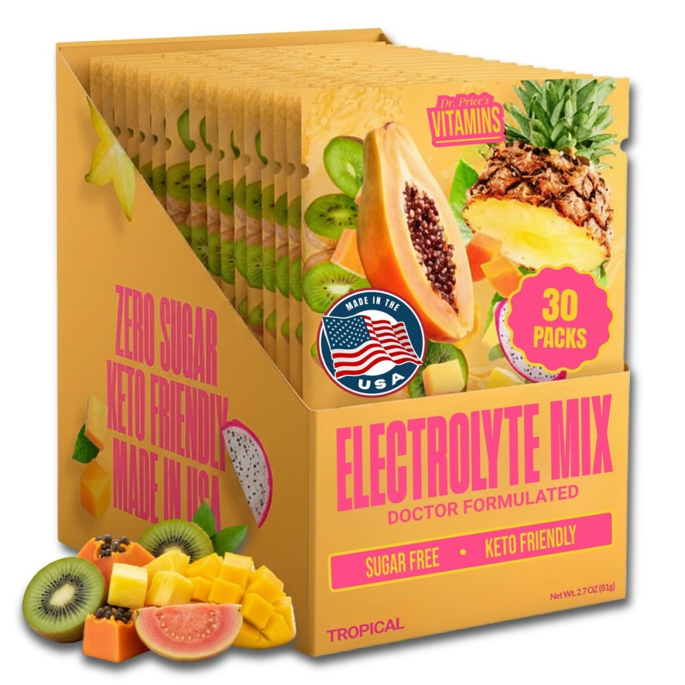 Dr. Prices Electrolytes Hydration Powder Packets - Tropical, 30 Packs | Sugar Free Electrolyte Drink Mix, 72+ Trace Minerals, Manganese | Keto Electrolytes, Vegan, Doctor-Formulated, Made in USA