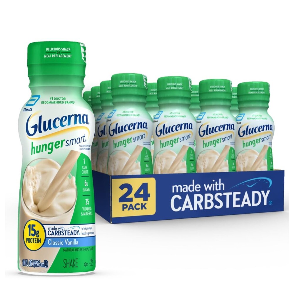 Glucerna Hunger Smart Diabetes Care Shake, Classic Vanilla, Diabetic Meal Replacement to Support Blood Sugar Management, 15g Protein, 180 Calories, Ready to Drink, 10-fl-oz Bottle, 24 Pack