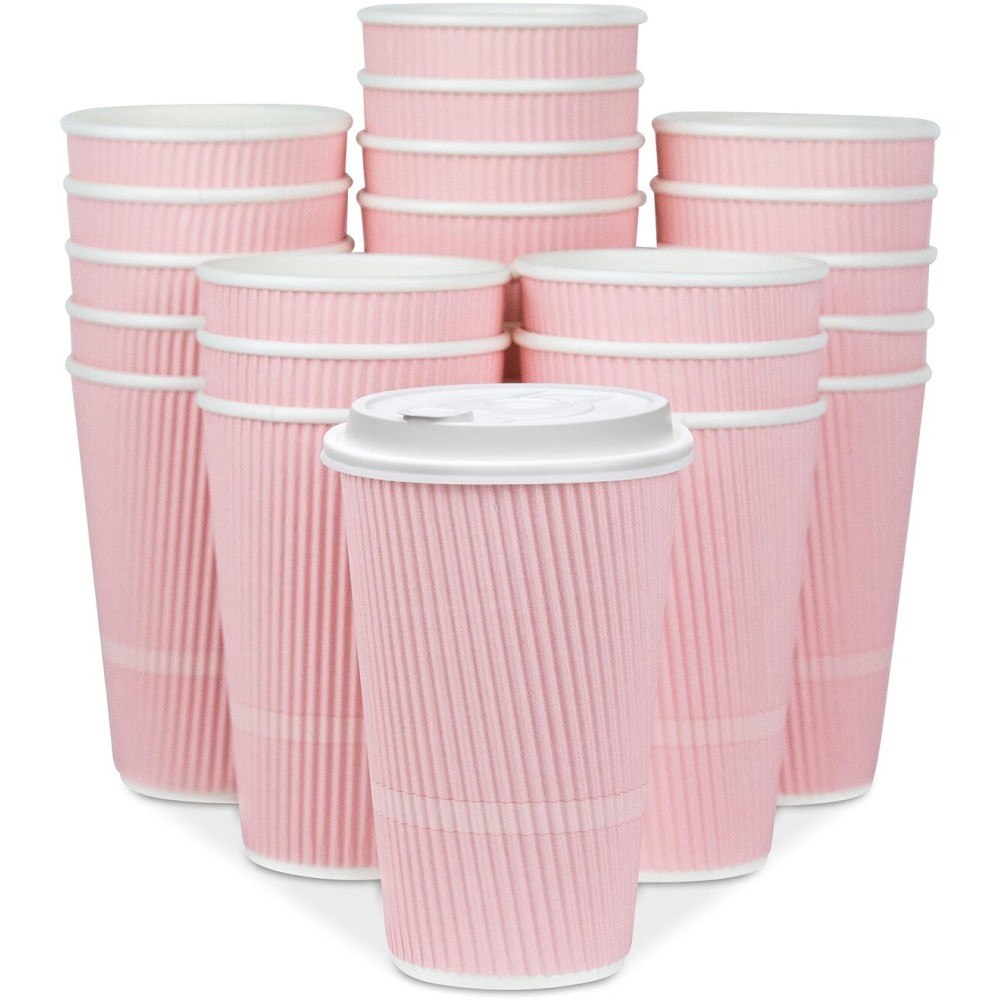 Glowcoast Disposable Coffee Cups With Lids - 16 oz To Go Coffee Cup (70 Pack). Large Travel Cups Hold Shape With Hot and Cold Drinks, No Leaks! Insulated Ripple Cups Protect Hands, No Sleeves needed!