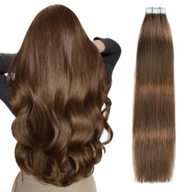 SUYYA Tape in Hair Extensions Human Hair Chocolate Brown Remy Human Hair 18 inches 50g 20pcs Straight Seamless Skin Weft Tape in Human Hair Extensions(18 inches 4 Dark Brown)