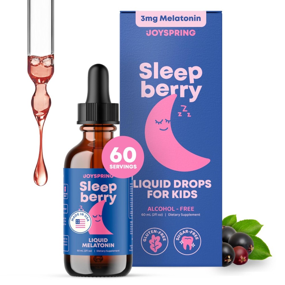 JoySpring Sleepberry Kids Melatonin 3 mg - Liquid Sleep Aid with L Theanine, High Absorption Berry Drops (2 fl oz) 60 Servings, Children\'s Melatonin with Vitamin D Kids Travel Essentials