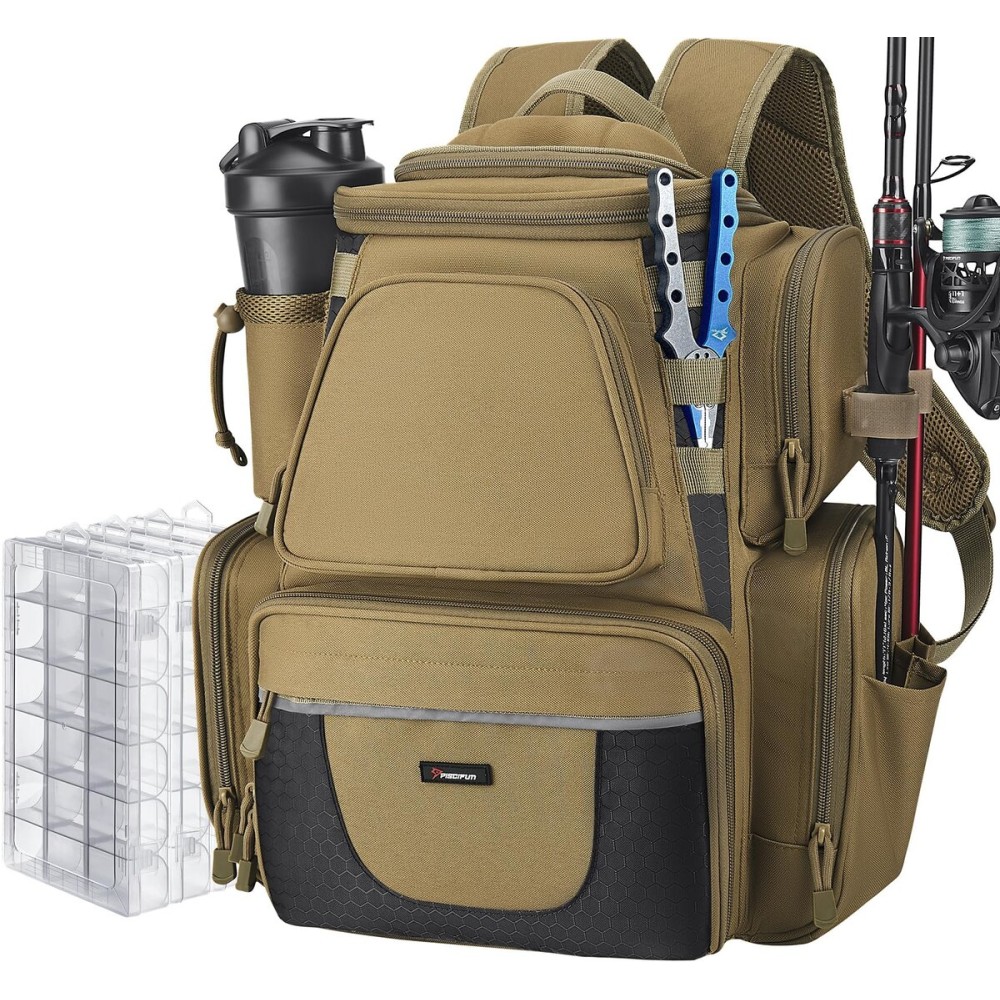Piscifun Fishing Backpack with 2 Rod Holders & 4 Tackle Boxes, Large Tackle Storage Bag With Rain Cover for Fishing Gear, Khaki