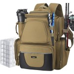 Piscifun Fishing Backpack with 2 Rod Holders & 4 Tackle Boxes, Large Tackle Storage Bag With Rain Cover for Fishing Gear, Khaki