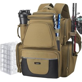 Piscifun Fishing Backpack with 2 Rod Holders & 4 Tackle Boxes, Large Tackle Storage Bag With Rain Cover for Fishing Gear, Khaki