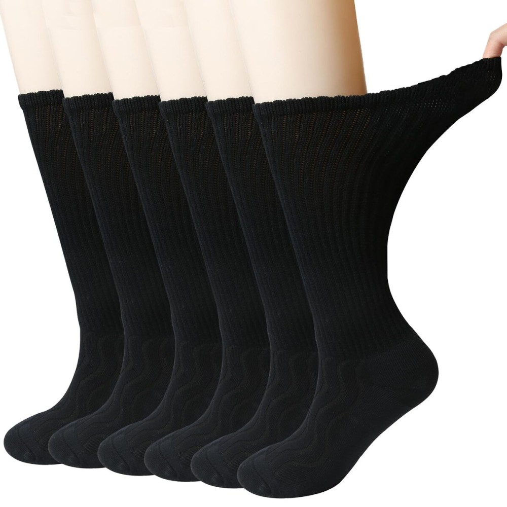+MD Diabetic Socks For Men Women Non-Binding Cushioned Moisture Wicking Diabetic Crew Dress Socks 6 Pairs Black Cushion Size 10-13