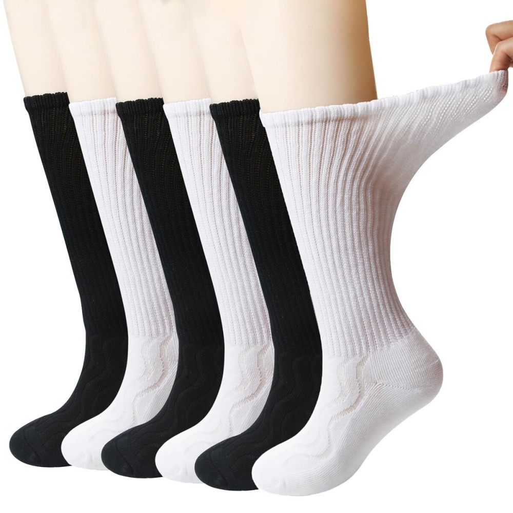 +MD 6 Pairs Non-Binding Women\'s Cushioned Moisture Wicking Diabetic Crew Dress Socks 9-11 3Black/3White