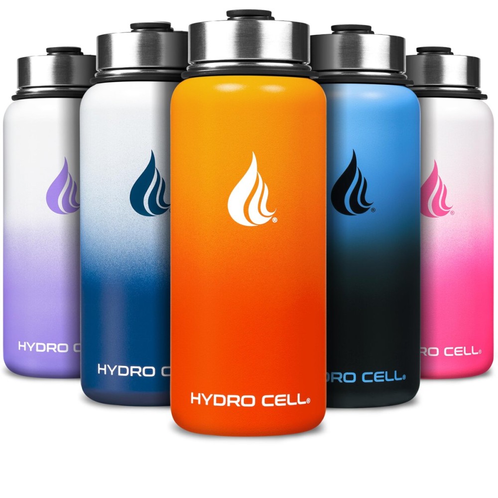 HYDRO CELL Stainless Steel Insulated Water Bottle with Straw - For Cold & Hot Drinks - Metal Vacuum Flask with Screw Cap and Modern Leakproof Sport Thermos for Adults (Red/Orange 32oz)
