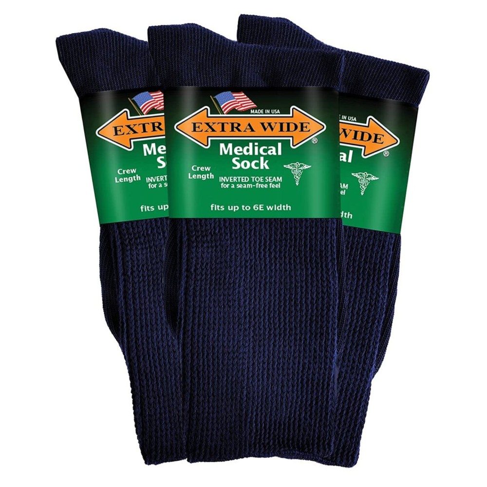 Extra Wide Medical Mid Calf Crew (Pack of 3), Diabetic Socks, Made in USA, for Men and Women (Medium, Navy)