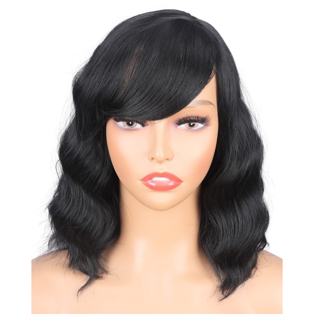 Black Mix Brown Wavy Wigs With Bangs for Black Women Shoulder Length Synthetic Black Wigs With Brown Highlights Daily Use Wigs (14 Inch Black Brown)