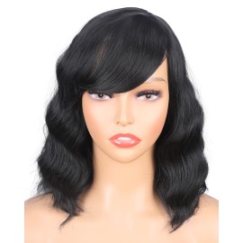 Black Mix Brown Wavy Wigs With Bangs for Black Women Shoulder Length Synthetic Black Wigs With Brown Highlights Daily Use Wigs (14 Inch Black Brown)