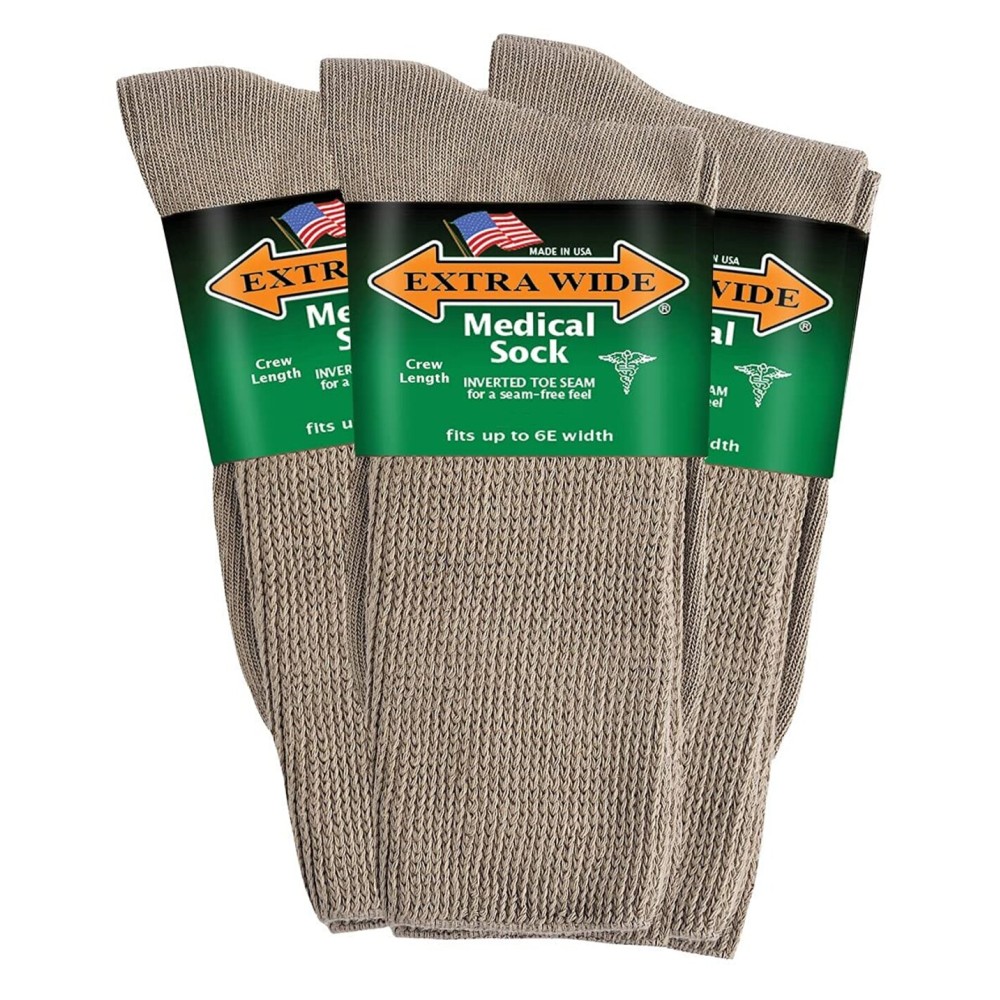 Extra Wide Medical Mid Calf Crew (Pack of 3), Diabetic Socks, Made in USA, for Men and Women (Medium, Tan)