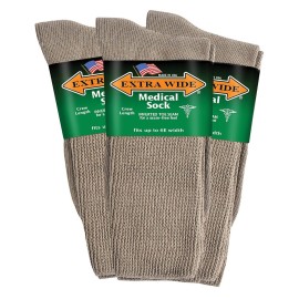 Extra Wide Medical Mid Calf Crew (Pack of 3), Diabetic Socks, Made in USA, for Men and Women (Medium, Tan)