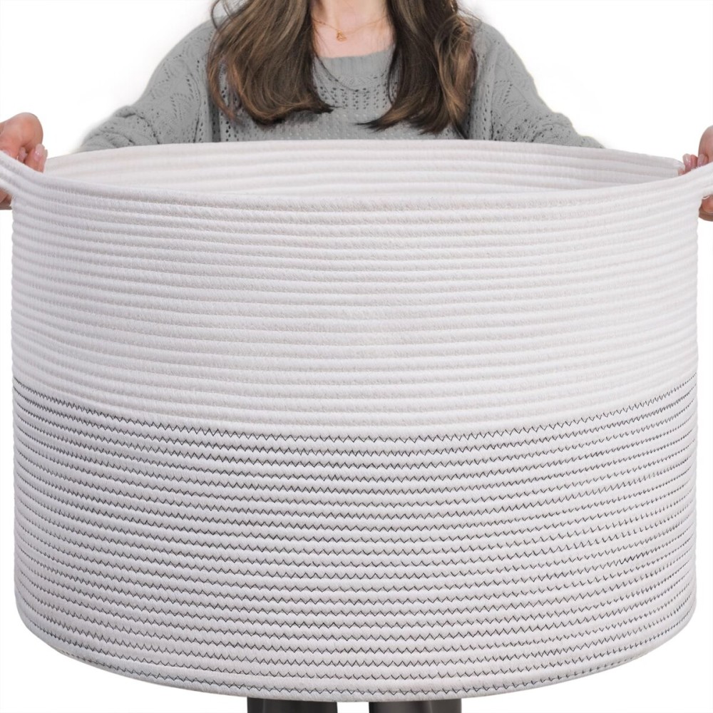 INDRESSME XXXLarge Cotton Rope Basket 21.7 x 21.7 x 13.8 Woven Baby Laundry Basket for Blankets Toys Storage Baskets with Handle Comforter Cushions Storage Bins Thread Laundry Hamper-Black Stitch