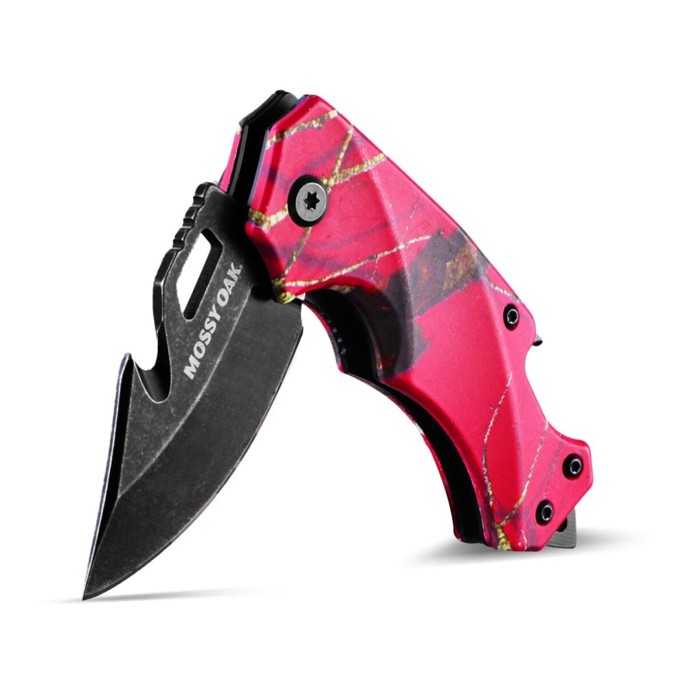 Mossy Oak Mini Folding Pocket Knife, Stainless Steel Drop Point Blade - EDC Multi-tool with Bottle Opener and Glass Breaker (Pink Camo)